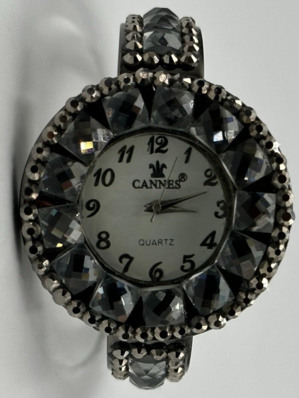 Cannes Rhinestone Watch Women Gunmetal Hinged Cuff Band New Battery 6.5"